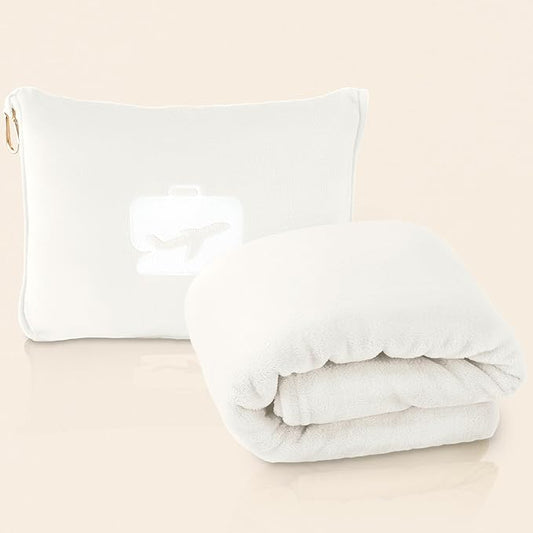 EverSnug Travel Blanket and Pillow - Ultra-Soft, Compact & Lightweight, 65x40 Inches, with Carry Case, Luggage Sleeve & Backpack Clip for Airplane Comfort (Off-White)