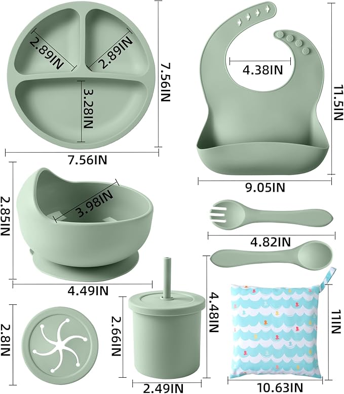 Silicone Baby Feeding Set, 10 Pcs Baby Led Weaning Supplies with Suction Bowl Divided Plate Adjustable Bib Soft Spoon Fork Snack Cup with Lid Drinking Cup, Utensil (Dark Green)