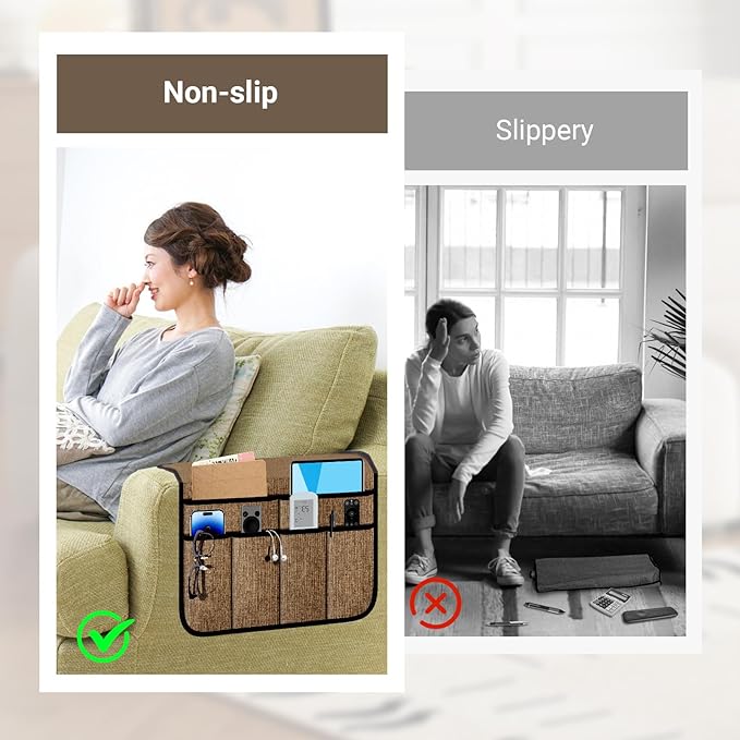 Armchair Caddy & Remote Control Holder for Couch & Recliner | Non-Slip Armrest Organizer with 6 Pockets for TV Remote, Phone, Tablet, Magazine, Chocolate