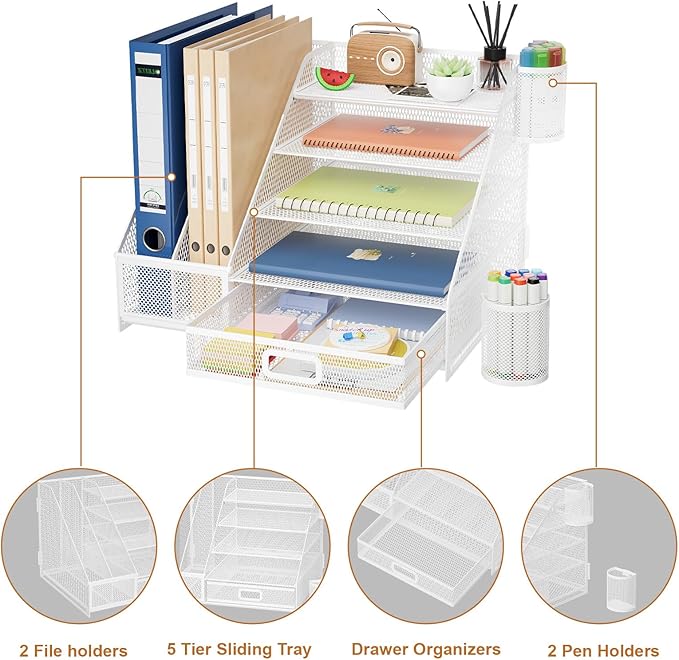 Marbrasse Desk Organizer with File Holder, 5-Tier Paper Letter Tray Organizer with Drawer and 2 Pen Holder,Mesh Desk Organizers and Accessories,Desktop Organizer and Storage for Office Supplies(White)