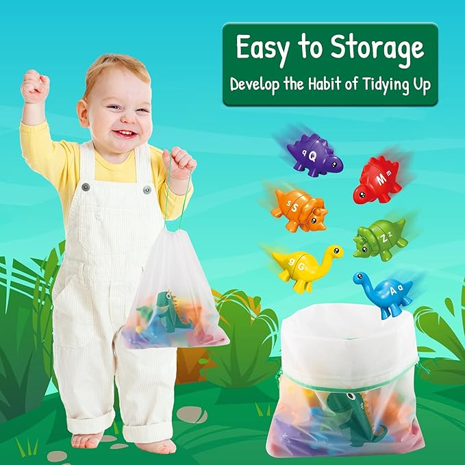 Christmas Party Games 26 Pcs Alphabet Learning Dinosaur Toys,Uppercase Paired Lowercase Matching Letters Color Sorting Fine Motor Toy, Montessori Toys for Kids for 2-5 Boys Girls