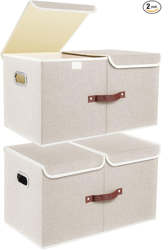 TYEERS Extra Large Collapsible Storage Bins with Lids and Compartments, Washable, Fabric Storage Boxes, 21.7x13x11.8 inches, 2 Pack, Beige
