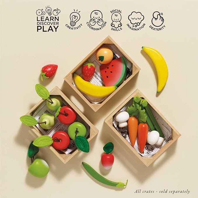 Le Toy Van - Wooden Honeybee Market Vegetables '5 a Day' Crate | Fun Role Play Supermarket Pretend Play Shop Food | Great Gift for Boys Or Girls, Harvest Vegetables Crate (TV182)