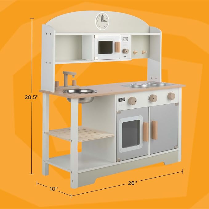 Hey! Play! Kids Kitchen Playset - Play Kitchen with Toy Microwave, Sink, Stovetop, Roaster, Utensils and Play Food - Wooden Play Kitchen for Toddlers