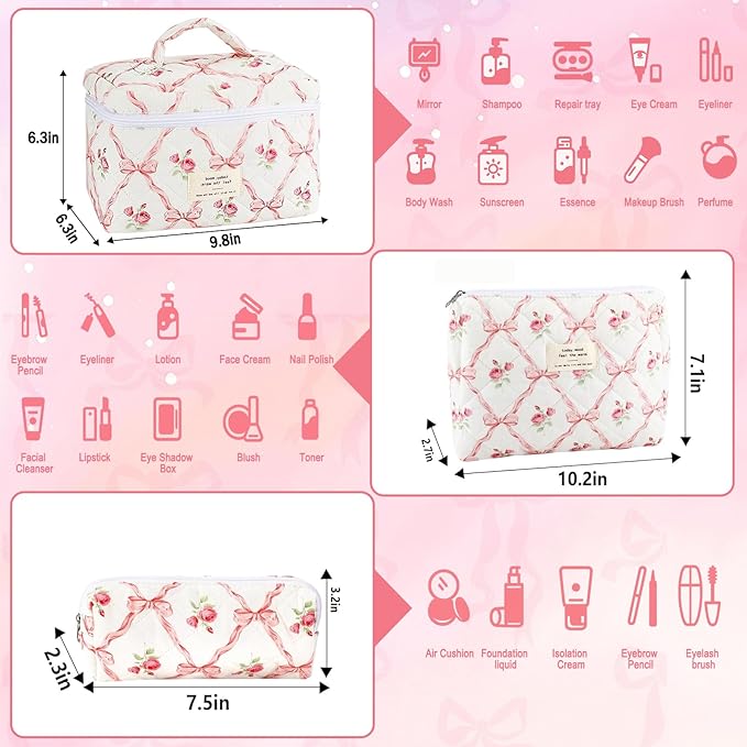 URSKYTOUS 3Pcs Makeup Bag Quilted Cosmetic Bag Set Bow Travel Large Makeup Pouch for Women Cute Portable Cotton Toiletry Bag Skincare Organizer Coquette Vintage Travel Essential