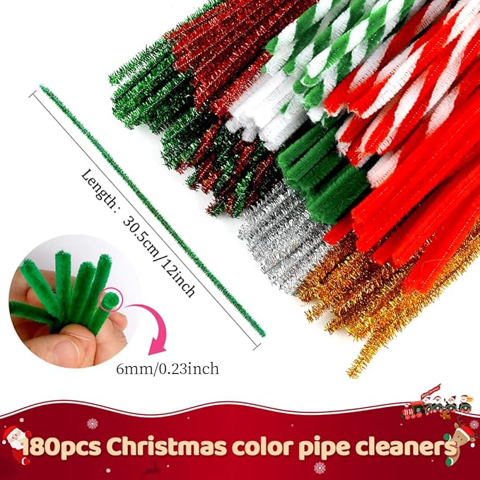 Praisebank Pipe Cleaners for Crafts (180pcs in 10 Christmas Colors), 12 inch Long Pipe Cleaners, Christmas Pipe Cleaners.