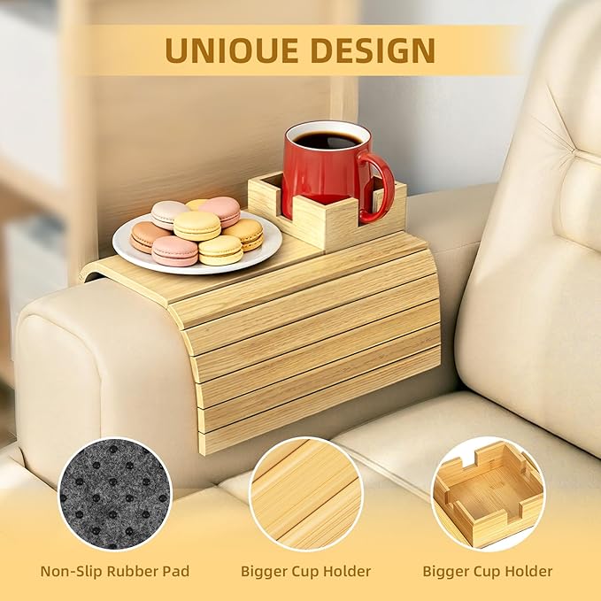 Bamboo Couch Cup Holder & Armrest Tray - Extend Your Comfort with a Secure Drink Slot and Snack Space for Recliner, Loveseat, or Sofa (Large)