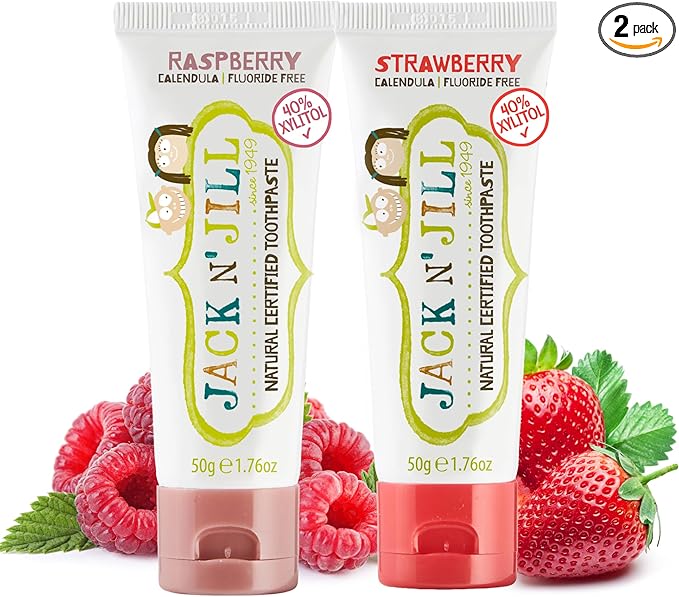 Jack N' Jill Natural Toddler Toothpaste for Baby, Kids and Infants 6 Months & Up, Fluoride Free Training Toothpaste for Toddlers 1-3 (1.76 Fl Oz (Pack of 2), Strawberry & Raspberry)