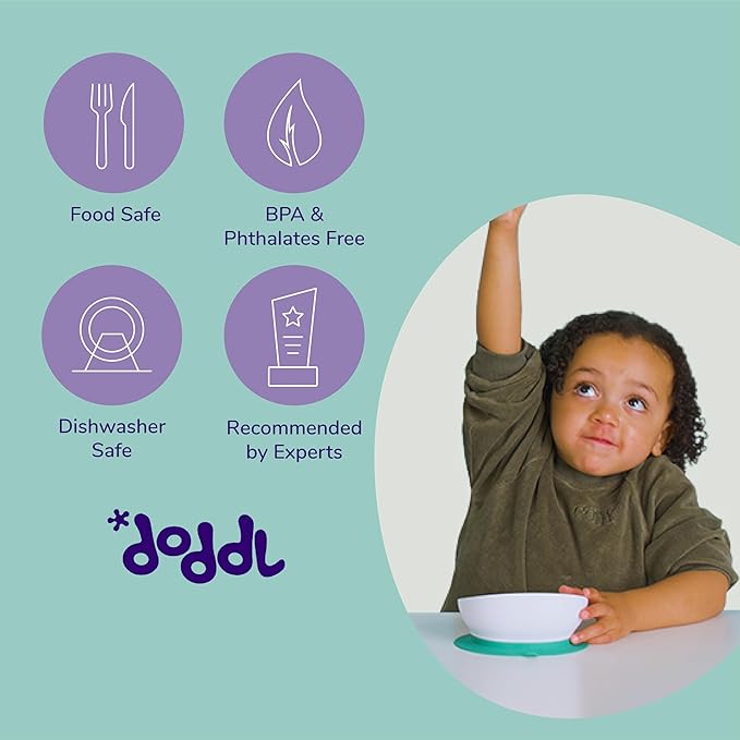 doddl Toddler and Baby Suction Bowl, Ergonomic Toddler Dishes for Self Feeding, 1-3 Year Olds, Dishwasher Safe, BPA Free (White & Aqua)