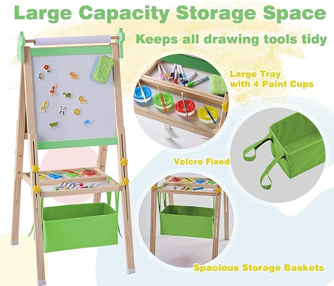 2-in-1 Double Sided Kid's Easel, Height-Adjustable Art Easel for Boys and Girls Ages 3-10, Including 100+ Accessories with Magnetic Chalkboard & Painting Board, Toddler Gifts (Light Green)