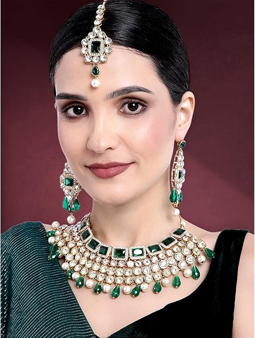 Aheli Kundan and Simulated Colored Stones Indian Ethnic Maang Tikka Necklace and Earrings Set Bollywood Festive Statement Jewelry Gift for Women
