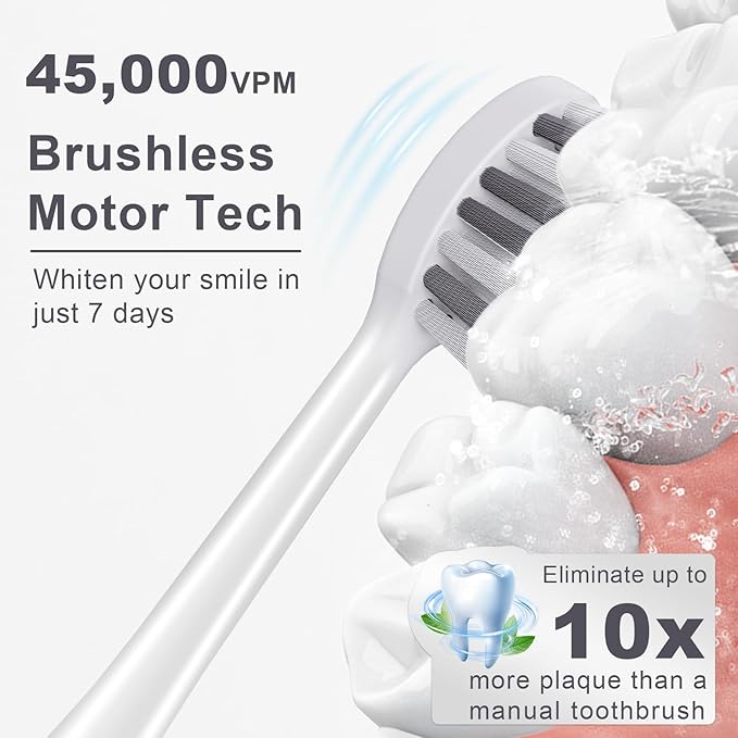 Electric Toothbrush for Adults and Kids, Sonic Electric Toothbrush, 4 Modes and 2 Minute Timer, 30000-45000VPM Power Toothbrush, IPX8, One Charge for 90 days 8 Replacement Head, Christmas Gift (White)