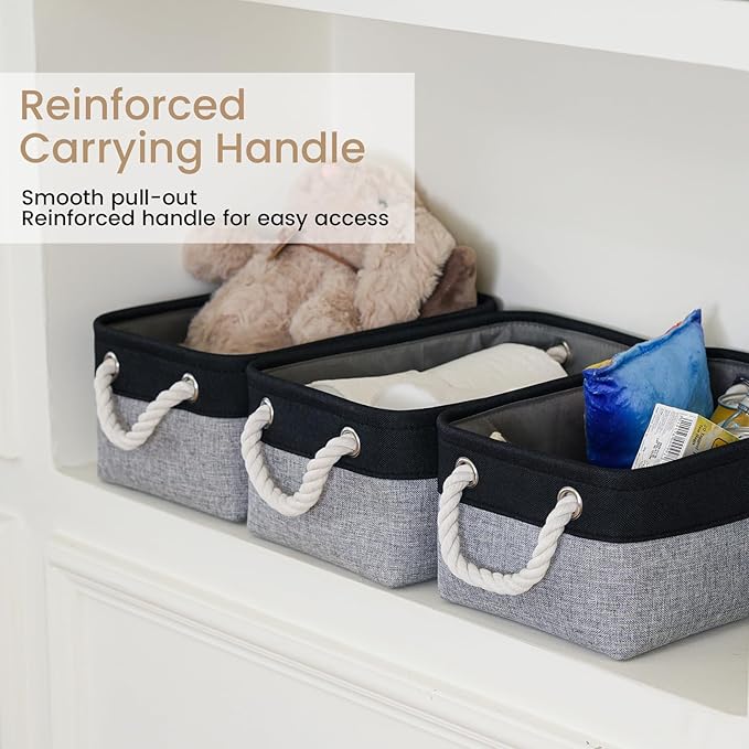 VQRTEXA Storage Baskets for Shelves 11.8x7.9x5.2 Inch, Foldable Fabric Storage Bins with Handles, Small Storage Baskets for Organizing Closet, Bathroom, Office, Home Organization (3-Pack, Black&Gray)