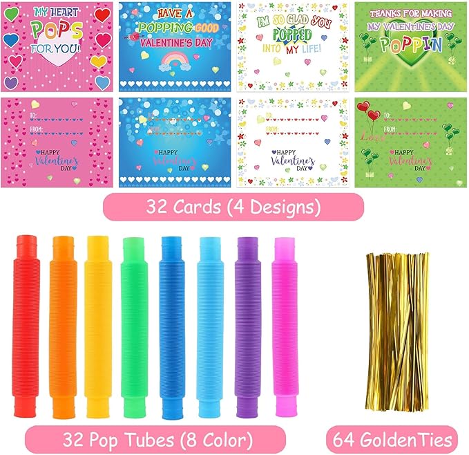 32 Pack Valentines Day Gifts for Kids, Valentines Day Cards for Kids with Pop Tubes, Stress Relief Fidget Toys for Valentine Classroom School Exchange Prizes Party Favors Supplies