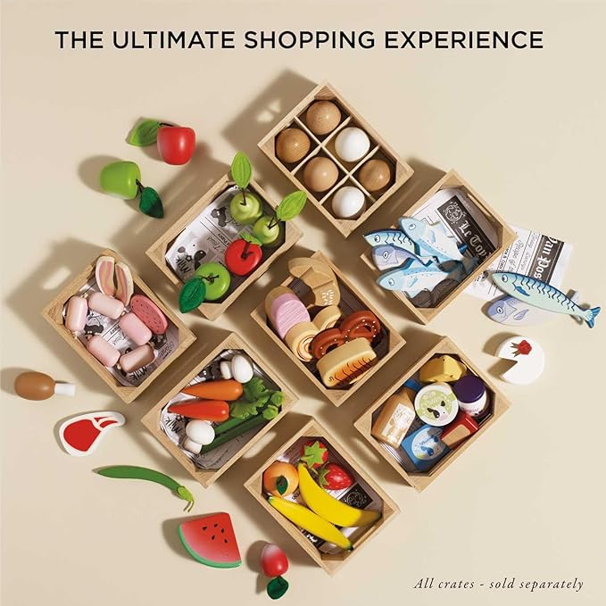 Le Toy Van - Educational Wooden Honeybee Market Baker's Basket Crate | Wood Play Food | Supermarket Pretend Play Shop Food