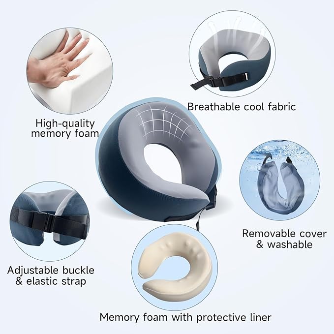 SPRFUFLY Soft Travel Pillow, 100% Memory Airplane Pillow with Sleep Mask and Ear Plugs, Breathable Removable Cover & Ergonomic Design - Essentials Neck Pillow for Airplane, Office & Home Use