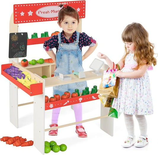 INFANS Grocery Store Marketplace Toy, Wooden Market Stand Pretend Play Set with Chalkboard Cash Register 36 Fruit Veggies Pieces POS Machine Shop Playset Gift for Boys Girls Ages 3+