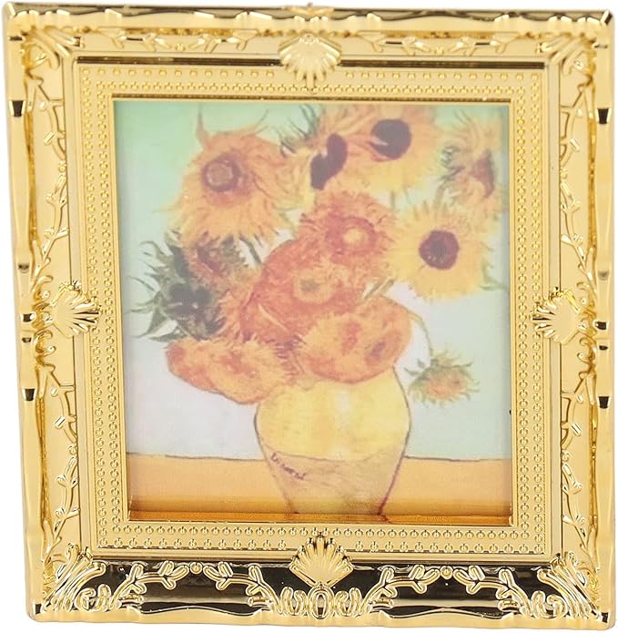 CHICIRIS Miniatures Art Painting, Gold Frame Miniatures Oil Painting Beautiful for Kids for Dollhouse Decoration (Sunflower Shape)