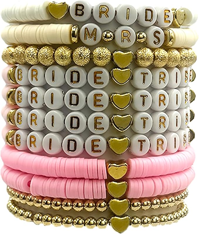 Bridal Shower Decorations, Bachelorette Party Favors, 11 Pcs Pink Bride Tribe Clay Bead Bracelet Preppy Bracelet Stretch for Women Wedding Boho Disc Party Beach Wedding Gift Supplies (White & Pink