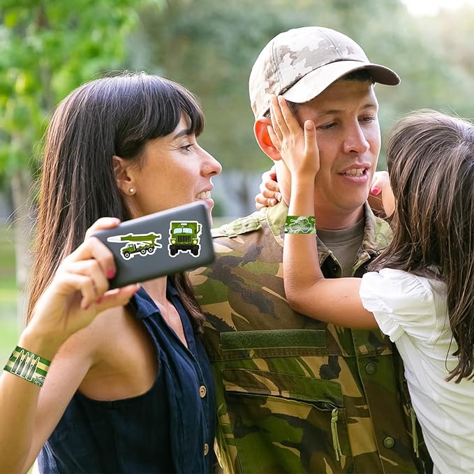 74 PCS Army Party Favors, 24 PCS Military Camo Slap Bracelets 50 PCS Army Stickers Army Birthday Party Decorations Supplies Gifts for Kids Classroom Rewards
