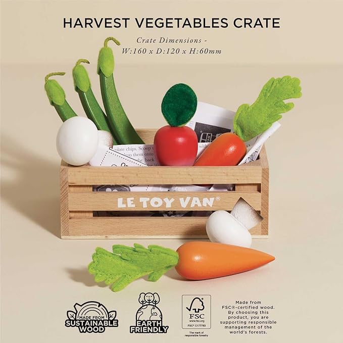 Le Toy Van - Wooden Honeybee Market Vegetables '5 a Day' Crate | Fun Role Play Supermarket Pretend Play Shop Food | Great Gift for Boys Or Girls, Harvest Vegetables Crate (TV182)