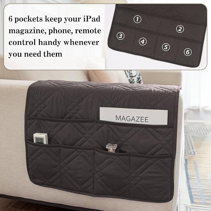 Couch Armrest Organizer Remote Control Holder Bedside Caddy with 6 Pockets, Non-Slip Armchair Caddy Sofa Armrest Organizer for Tv Remote Control, Magazine, Cell Phone, Chocolate