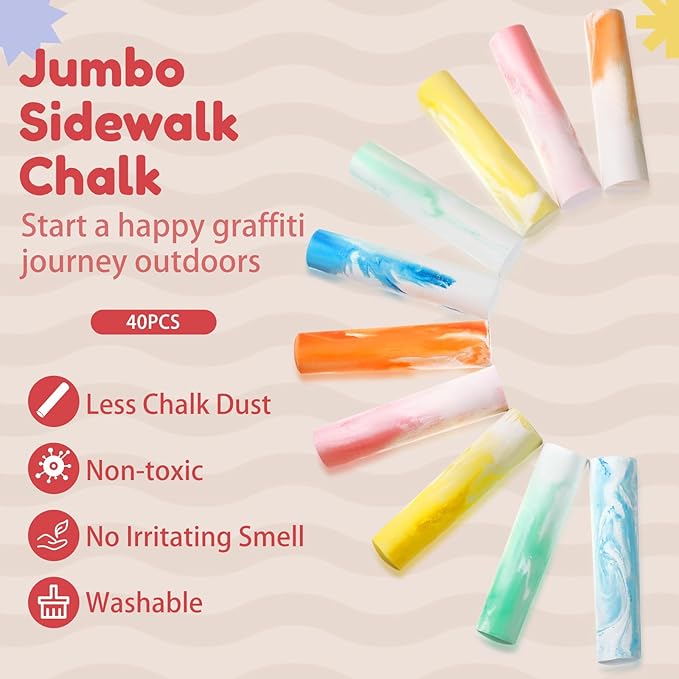Fulmoon 40 Pcs Jumbo Sidewalk Chalk for Kids Outdoor Art Non Toxic Large Washable Street Chalk for Adults Drawing Painting Graffiti Classroom(Tie Dye,Round Style)