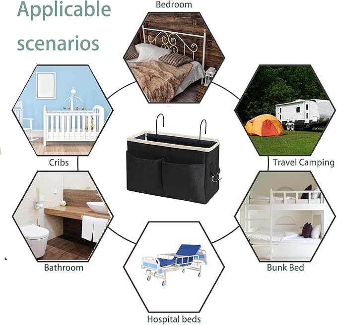 Bedside Caddy/Bedside Hanging Storage Bag Multi-Function Caddy for Bunk bed Hospital Beds Dorm Bed Rails, Holders Books Glasses Phones Magazine（2pc Black）