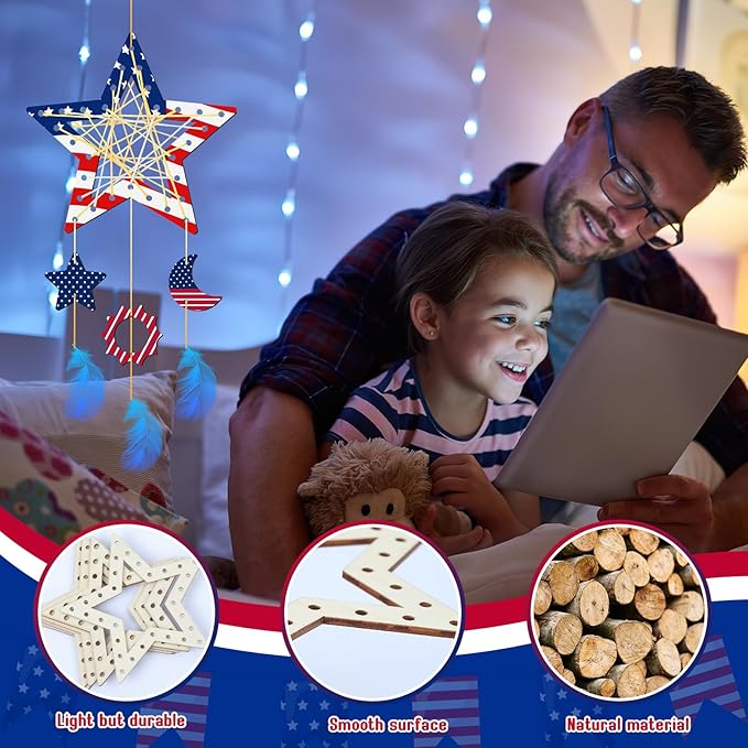 8Pack Star Dream Catcher Kit fot Kids,Unfinished Wood Star Shape Coloring 4th of July Craft DIY Crafts Wooden Patriotic Star Ornaments for Home Classroom Decorations Independence Day Party Favors