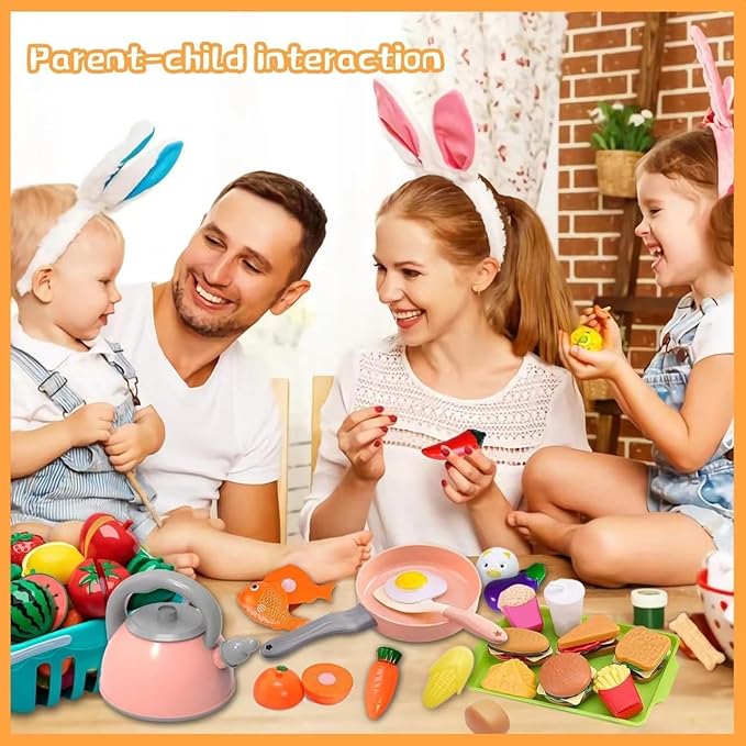 Kids Kitchen Toy Accessories Kitchen Playset Pretend Cooking Play Pots Pans Utensils Cookware Food Fruit Veges Shopping Storage Basket Learning Present for Girls Boys