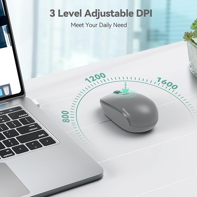 TECKNET Wireless Mouse, 2.4G Quiet Computer Mouse with USB Receiver, 4 Buttons Portable Cordless Mice for Chromebook, Laptop, PC, Mac, 800/1200/1600 DPI - Grey