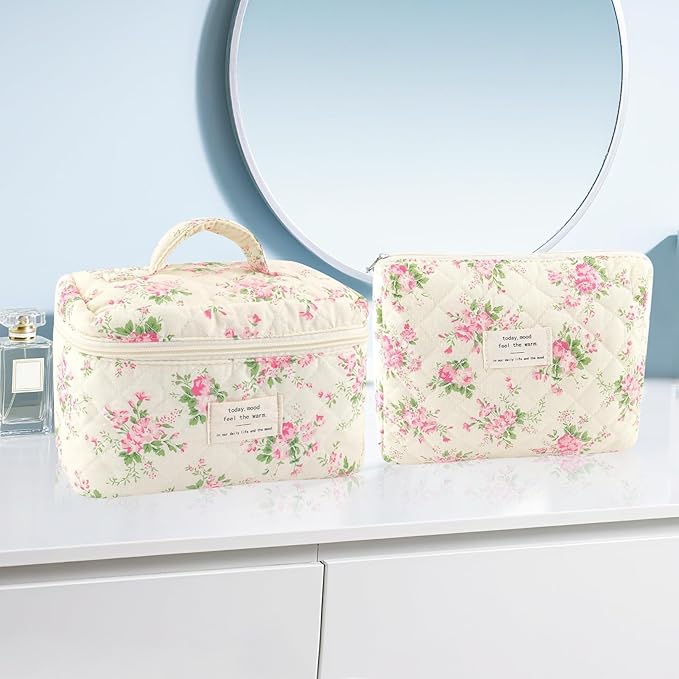 URSKYTOUS 2Pcs Cotton Quilted Makeup Bag for Women Extra Large Small Travel Cosmetic Bag Set Cute Pink Floral Print Makeup Pouch Portable Toiletry Bag Organizer Coquette Vintage Puffy Travel Essential
