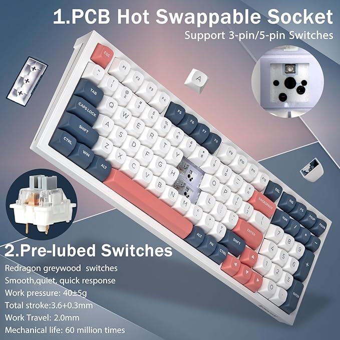 Redragon K723 Wireless Mechanical Gaming Keyboard Creamy, Bluetooth/2.4G/USB-C Wired, RGB Backlit, Hot Swappable Pre-lubed Linear Switches, Custom Gasket Structure for PC/Mac/PS/Xbox, White Blue