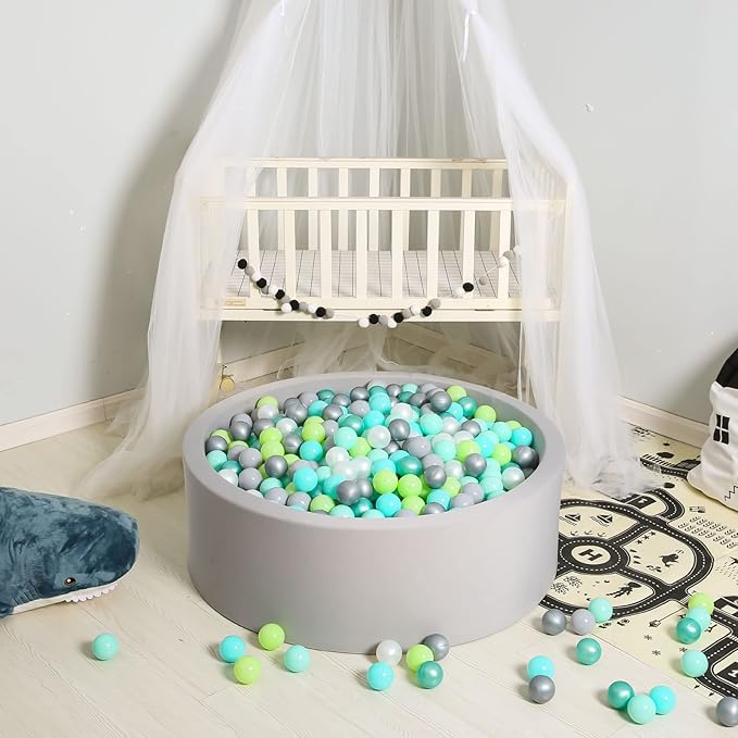 GOGOSO Ball Pit Balls -100pcs BPA Free Balls Crush Proof Pool Balls Toy for Baby Boys Girls Playhouse Pool Birthday Party Decoration,Pearl Balls +Macaron Balls Green+Gray+White