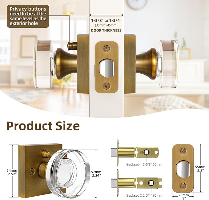 coolnews Crystal Door Knobs Antique Brass Door Knob Interior Privacy Door Knobs with Lock, Glass Door Knob Vintage Door Handle for Bedroom and Bathroom