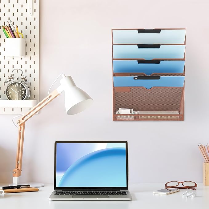 EASEPRES 6 Tier Mesh Hanging Wall File Organizer, Desk Vertical Mail Paper Document Folder Holder Rack with Bottom Tray and Nametag Label for Office Home School, Brown