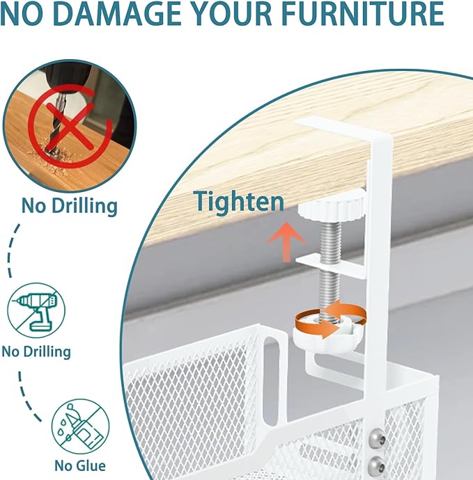 2Pack Under Desk Cable Management Tray, No Drill Mesh Desk Cable Tray, Wire Management Tray Cable Management Rack, Wire Organizer and Cable Management Box (White)