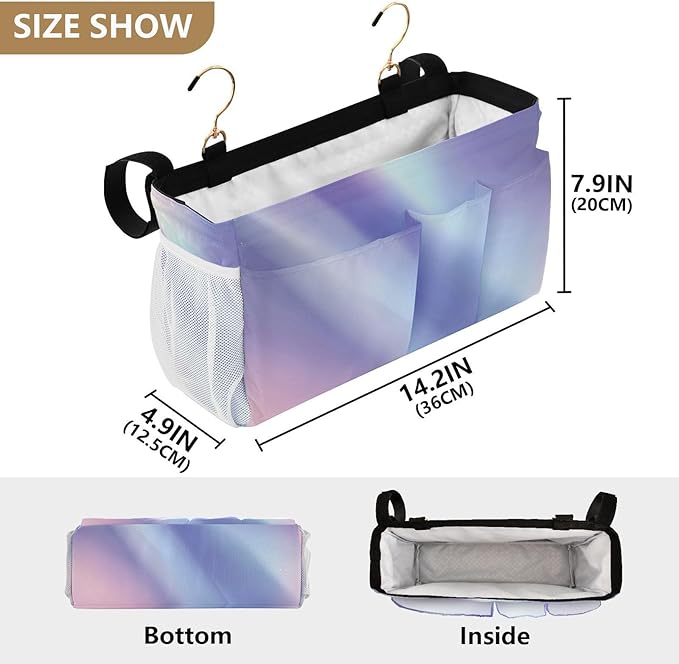 Purple Blue Gradient Bedside Caddy for Dorm Bed Bedside Hanging Caddy Bag Iron Frame Storage Organizer Pocket for Bunk Home College Hospital Beds 2 Hooks