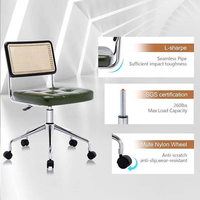 Zesthouse Mid Century Home Office Chair, Armless Desk Chair with Rattan Back, Adjustable Height Task Chair Vanity Chair for Girls Women, Upholstered Swivel Chair, Green Faux Leather