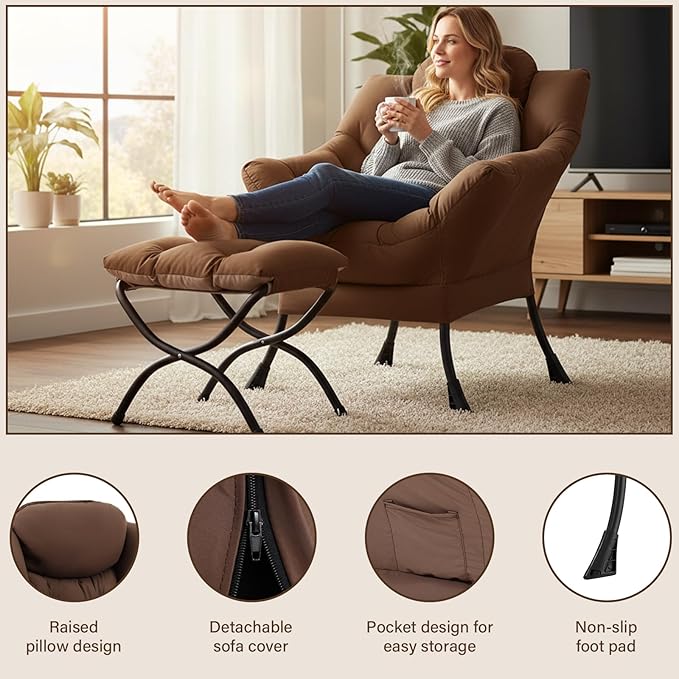 Welnow Lazy Chair with Ottoman, Modern Lounge Accent Armchair with Armrests and a Side Pocket, Leisure Sofa Armchair Set, Reading Chair with Footrest for Small Space, Dark Brown