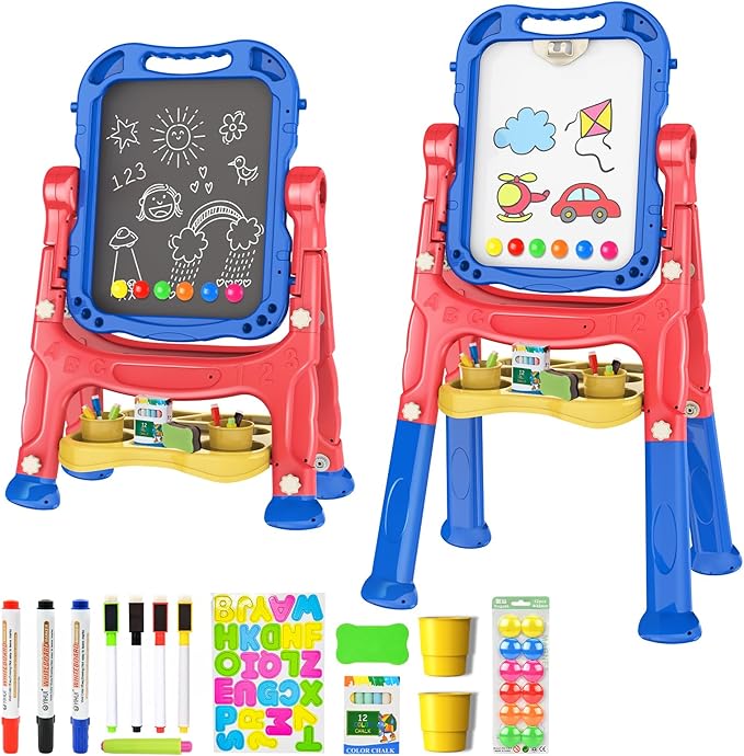 Amagoing Easel for Kids, Adjustable Standing Art Easel for Toddler, Double Drawing Board with Painting Accessories, Birthday Christmas Gift for Little Boys and Girls, Middle Size Blue+Red