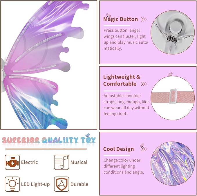 Electric Fairy Wings for Girls, Light Up Moving Butterfly Wings with LED Lights and Music, Toy for Kids as Halloween Valentine Birthday Christmas Party Costume Princess Cosplay Dress Up Gift