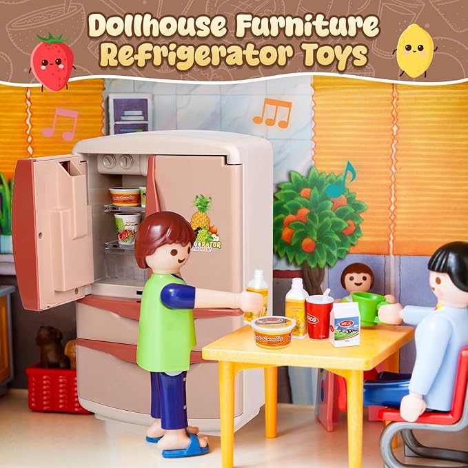 Coherny Play Kitchen Toys Fridge Refrigerator with Ice Dispenser,Mini Dollhouse Furniture Fridge Kids Kitchen Playset with Mini Play Food,Toddler Kitchen Playset Accessories for Boys Girls