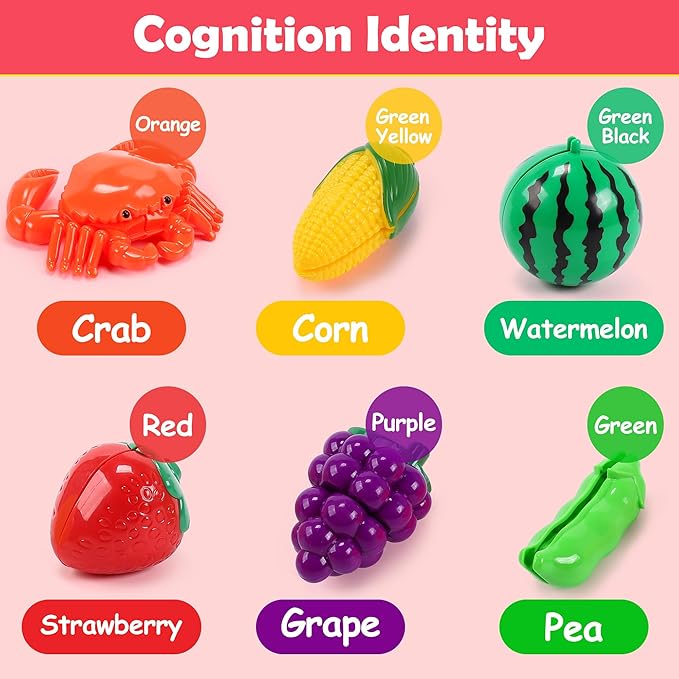 HOLYFUN Play Food Toy Set for Kids Kitchen, Shopping Basket with Cutting Fruit & Vegetables Accessories, Pot and Pan, Plastic Dishes, Toddler Play Kitchen Accessories Educational Toys for Boys Girls