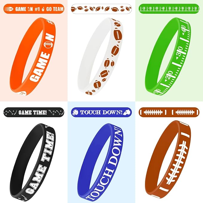 JUNEBRUSHS 42pcs Football Party Favors Silicone Bracelets Rubber Wristbands Accessories for Football Sport Themed Birthday Party Decorations Adults Stuffers Filler Gift Supplies(6 Designs)