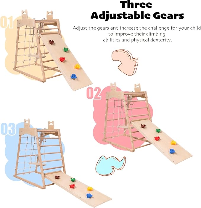 Jungle Gym Indoor (8 in 1) Wooden Indoor Playground, Toddler Wooden Climbing Toys, Montessori Playset, Gym with Slide, Climbing Net, Swing, Tent, Gymnastics Ring…