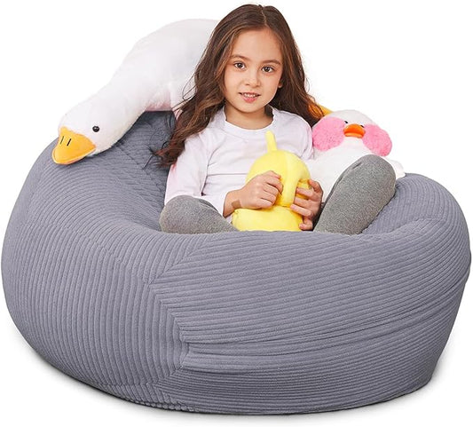 Stuffed Animal Storage Bean Bag Chair Cover for Kids, 38" Beanbag Chairs Cover Plush Toys Organizer Super Soft Corduroy with Handle and Zipper for Boys and Girls - Grey