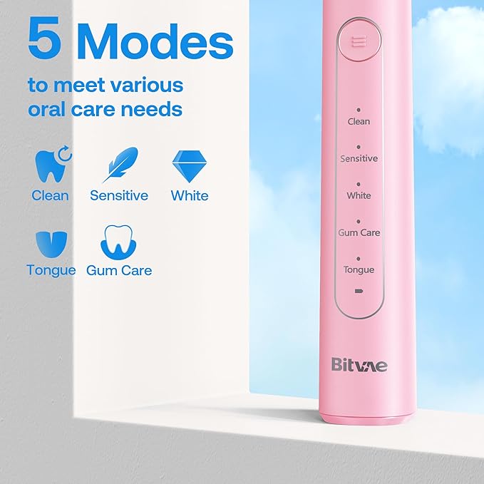 Bitvae R2 Rotating Electric Toothbrush for Adults with 8 Brush Heads, 5 Modes Rechargeable Power Toothbrush with Pressure Sensor, Pink