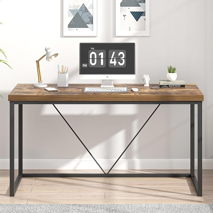 EXCEFUR Industrial Computer Desk, Wood and Metal Home Office Desk, Writing Study Work PC Table for Living Room Bedroom, Rustic Brown, 53 inch