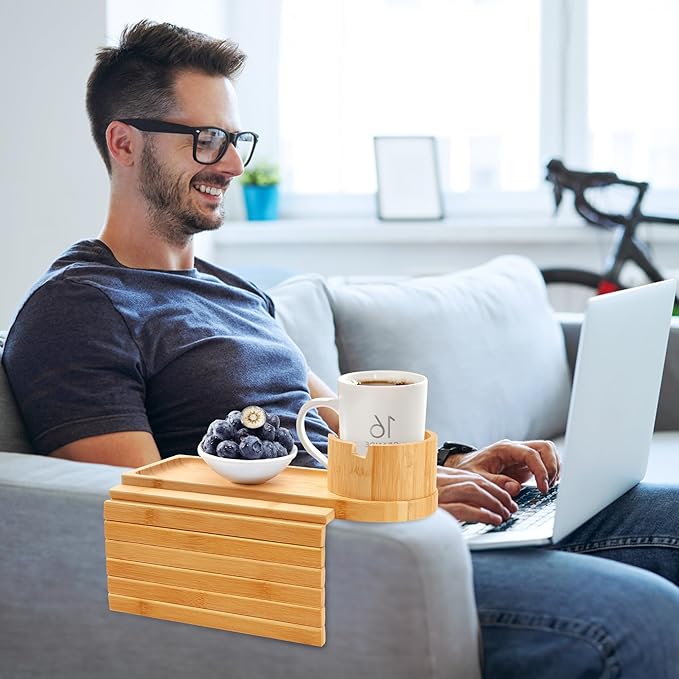 Couch Cup Holder,Bamboo Couch Arm Tray with 360° Rotating Cup Holder,Foldable Anti-Slip Sofa Arm Chair Tray for Eating Snack Drink Side Table